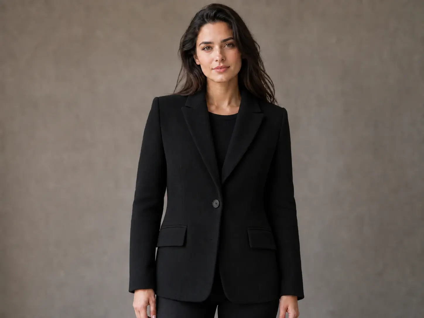 Same woman in the cleaned black wool blazer with its tailored structure and texture preserved