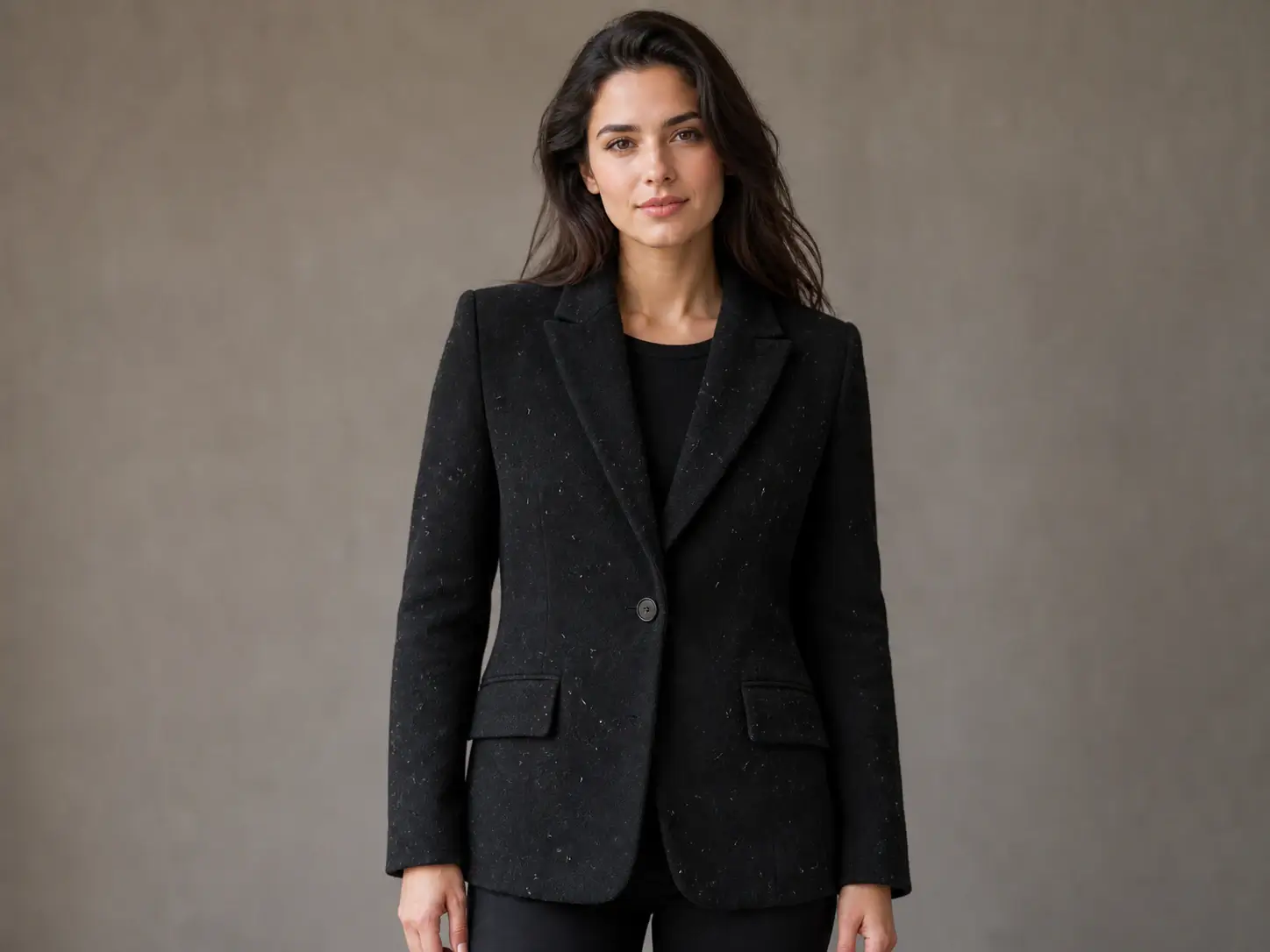 Full-face studio portrait of a woman in a black wool blazer covered with visible pale lint