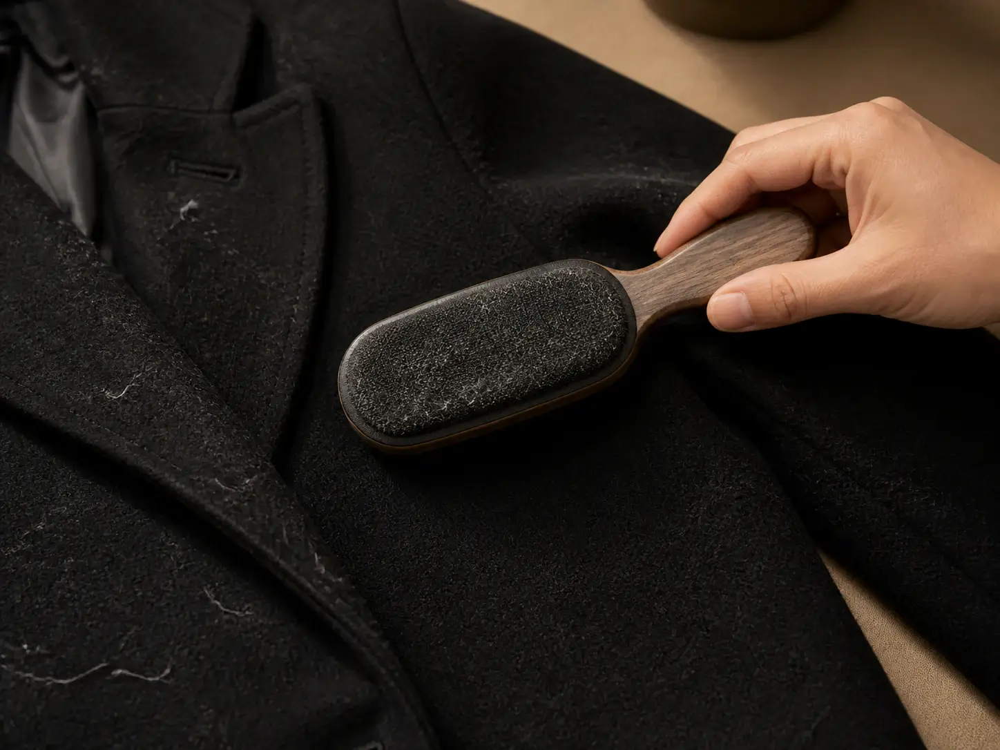 Hand holding a lint-filled clothing brush over a black wool coat during surface cleanup