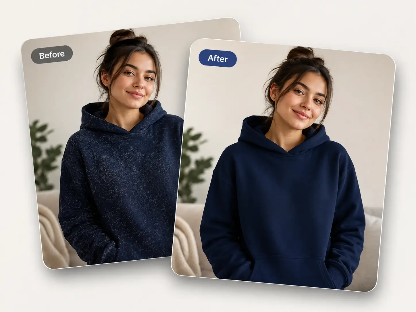 Before-and-after cards showing lint removed from the same navy hoodie