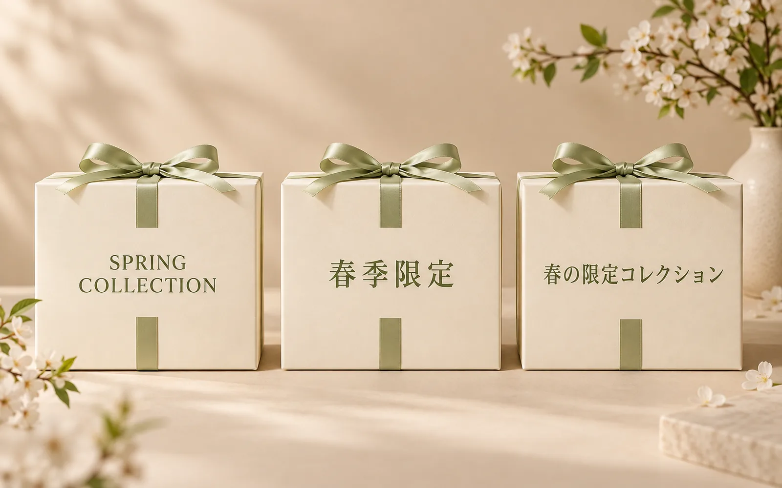 Tiga kotak hadiah dengan teks Mandarin, Spanyol, dan Jepang yang ejaannya sempurna dalam satu gambar