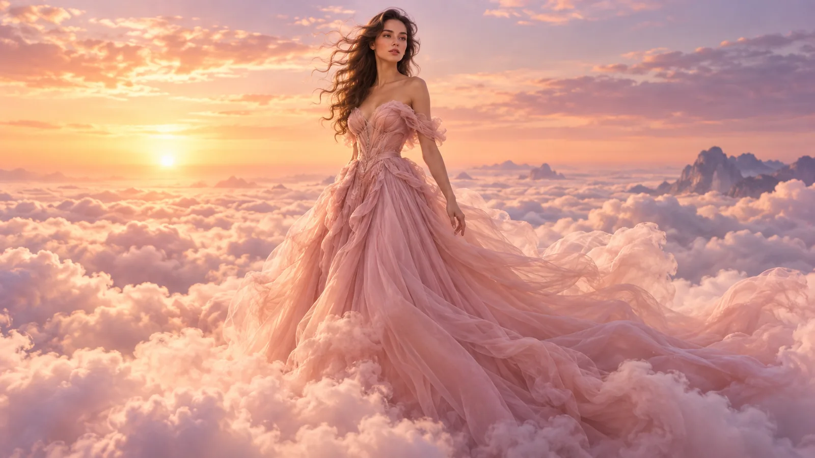 Potret fashion surealis di atas awan