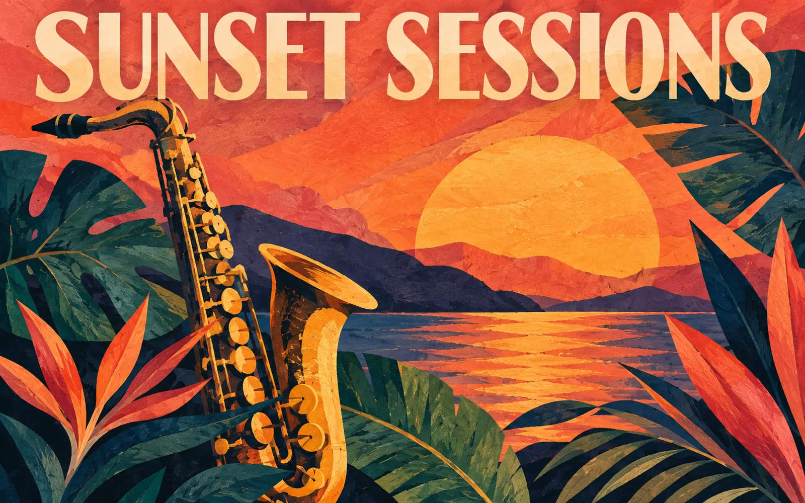 Poster jazz penuh warna bertuliskan SUNSET SESSIONS dengan saksofon dan dedaunan