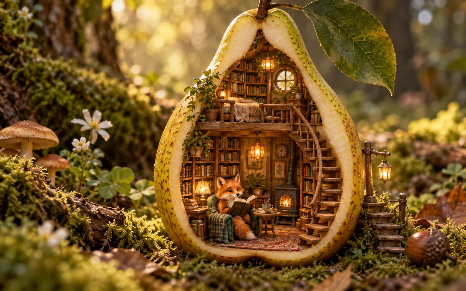 Perpustakaan mini di dalam buah pir dengan cahaya hutan yang hangat