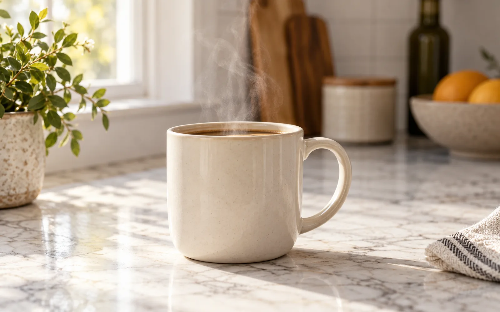 Mug kopi keramik di atas meja marmer dalam cahaya pagi yang lembut, fotografi produk