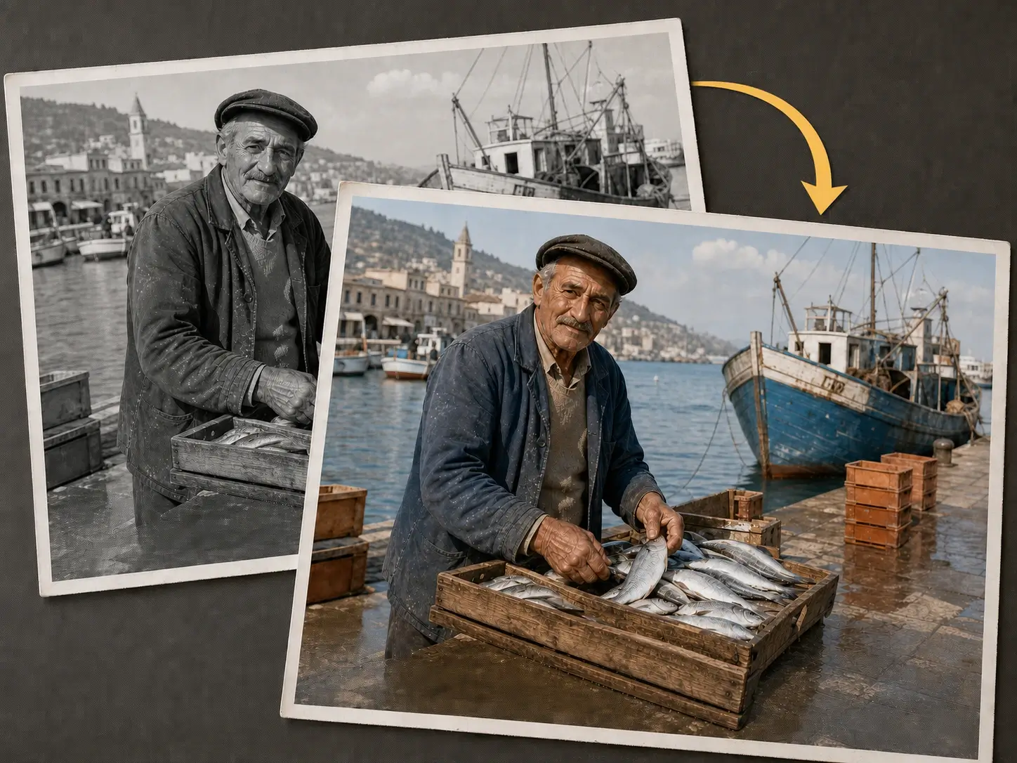 Black and white and color photos of a harbor fisherman connected by a yellow arrow