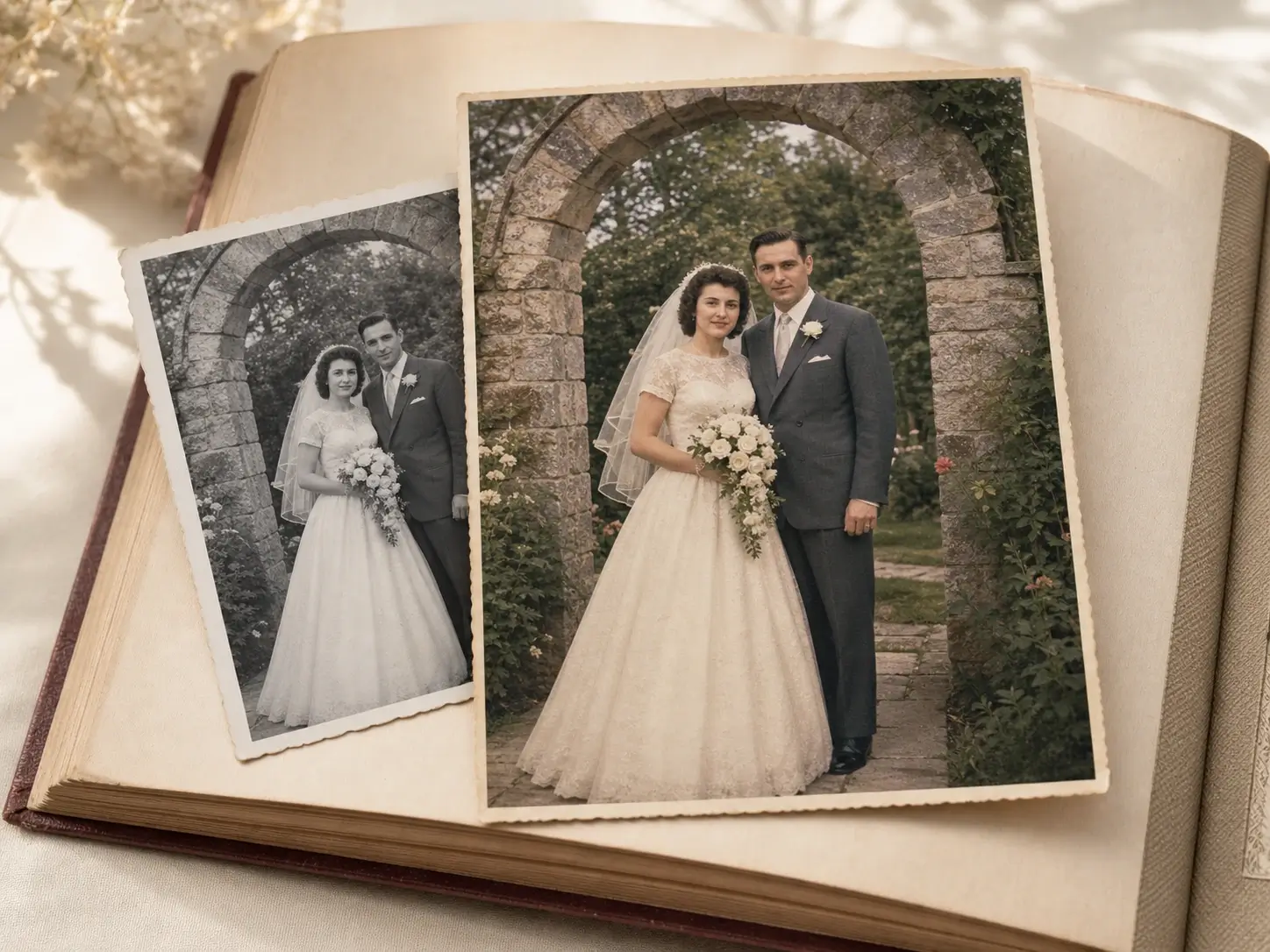 Vintage wedding portrait shown in black and white and natural color on an open photo album