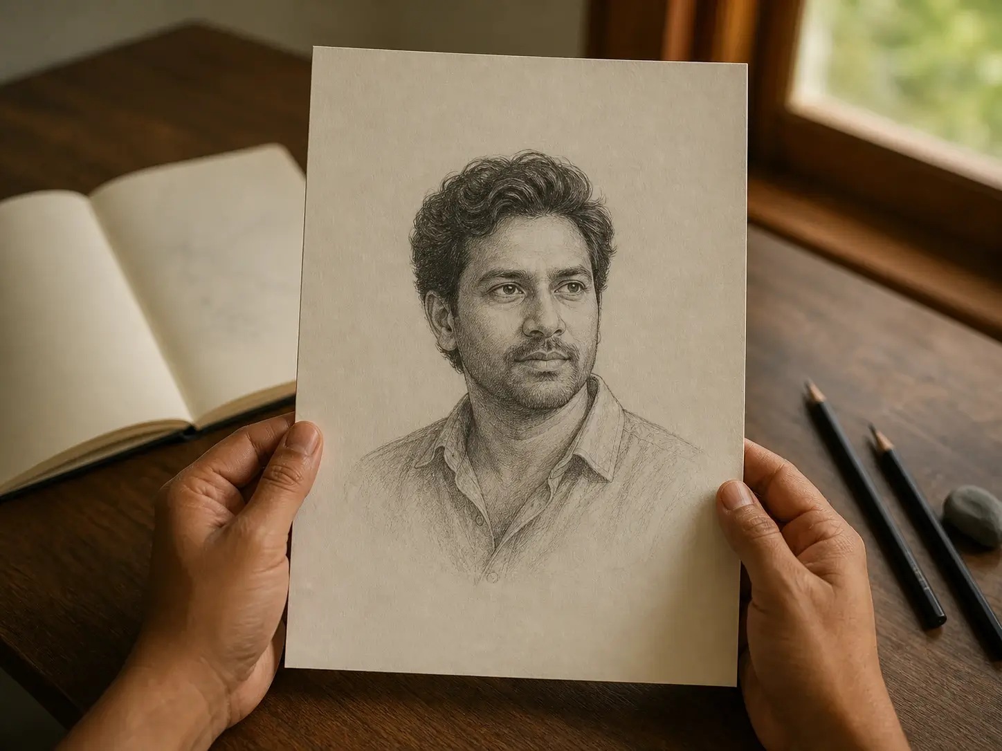Adult hands holding an original graphite soulmate portrait as a creative keepsake