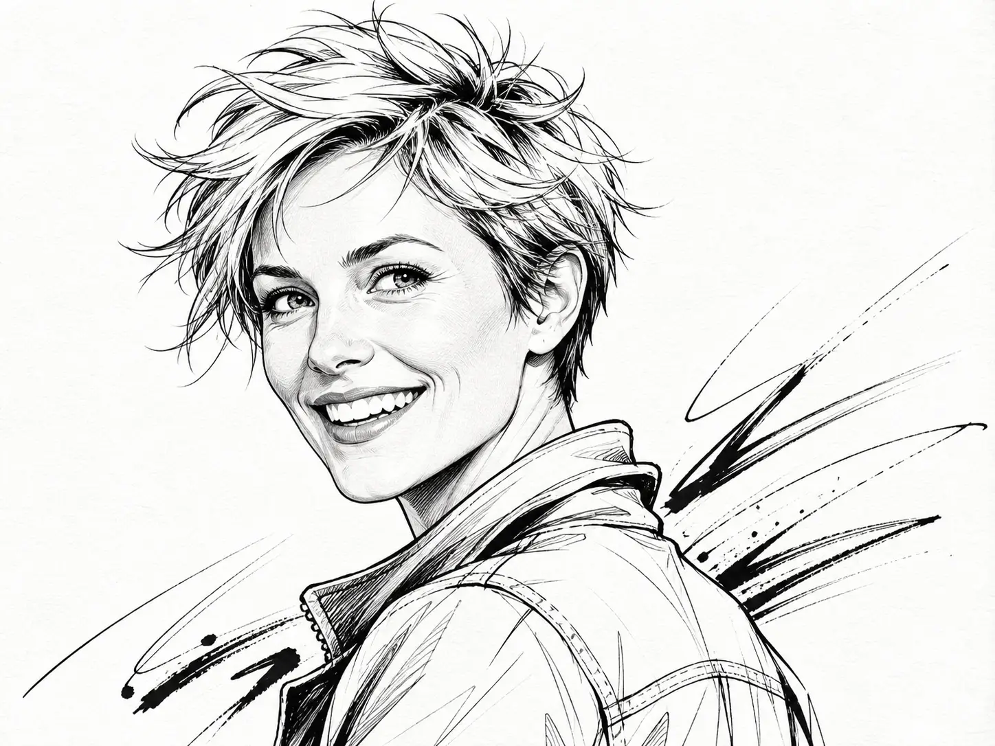 Dynamic black ink portrait of a smiling short-haired woman