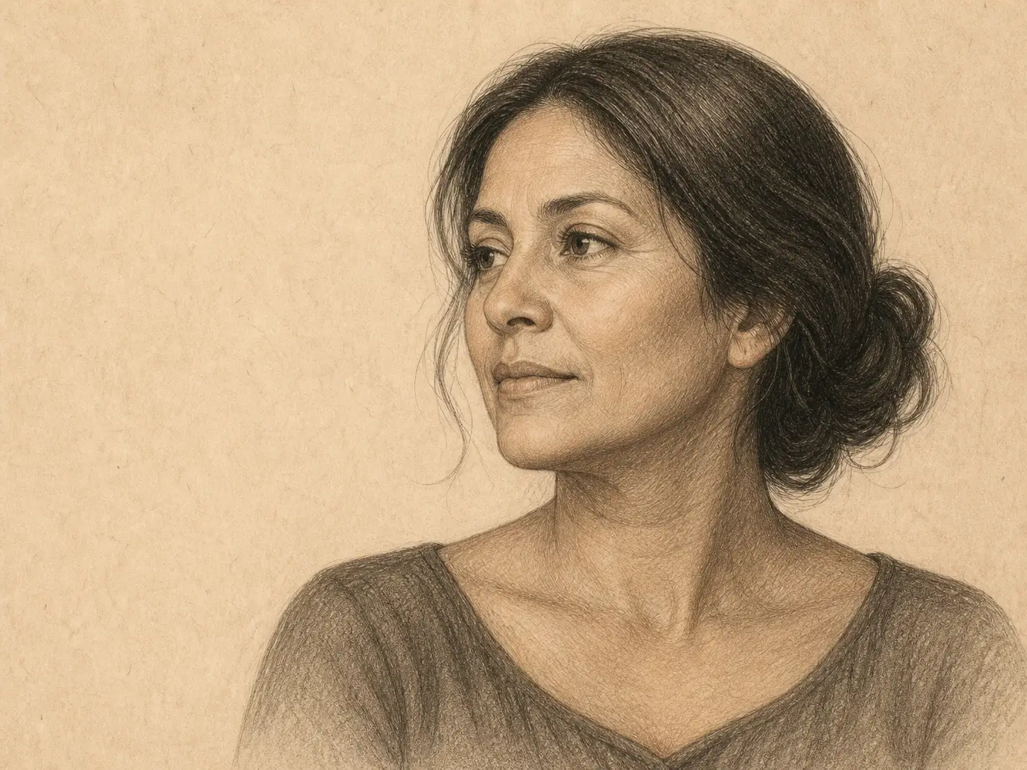Vintage sepia portrait of a calm woman with her hair in a low bun