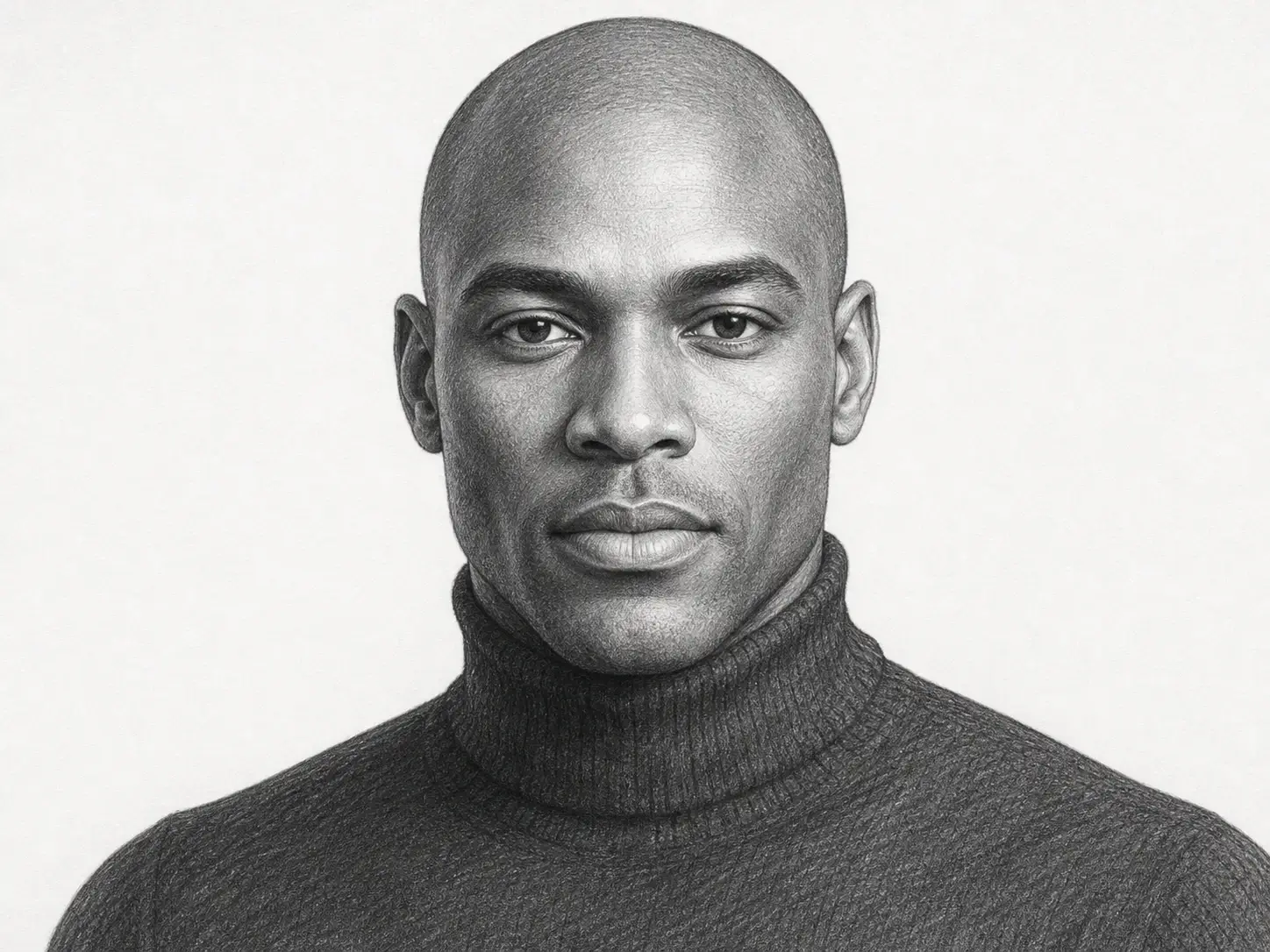 Precise graphite portrait of a confident Black man in a dark turtleneck