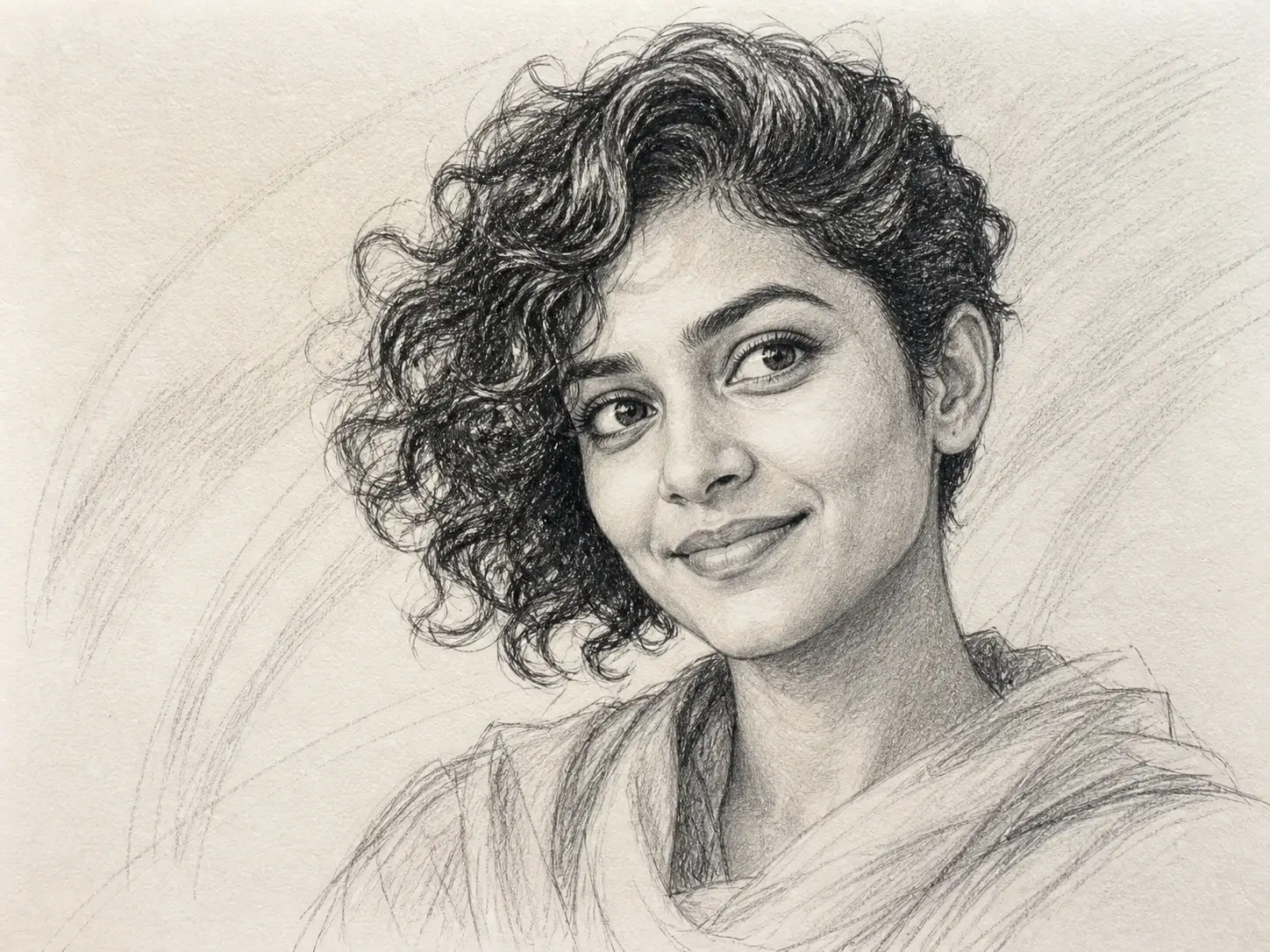 Expressive pencil portrait of a curly-haired South Asian woman with an artistic scarf