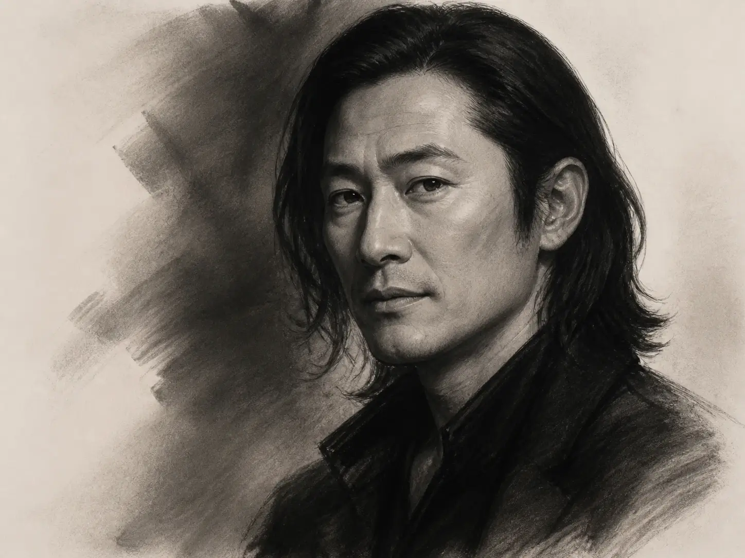 Dark charcoal portrait of a mysterious East Asian man with shoulder-length hair