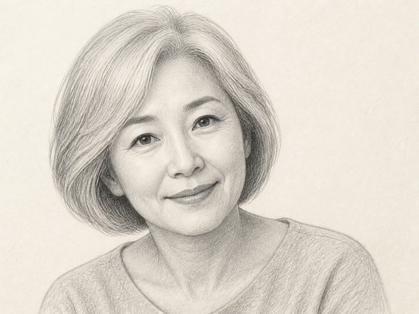 Classic graphite portrait of a kind silver-haired East Asian woman