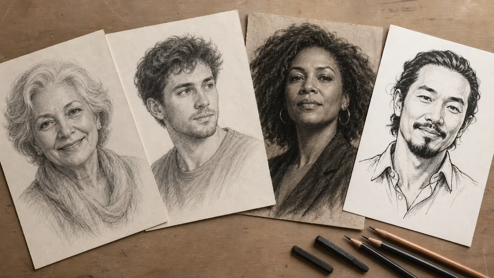 Four distinct adult soulmate portraits in graphite, pencil, charcoal, and ink