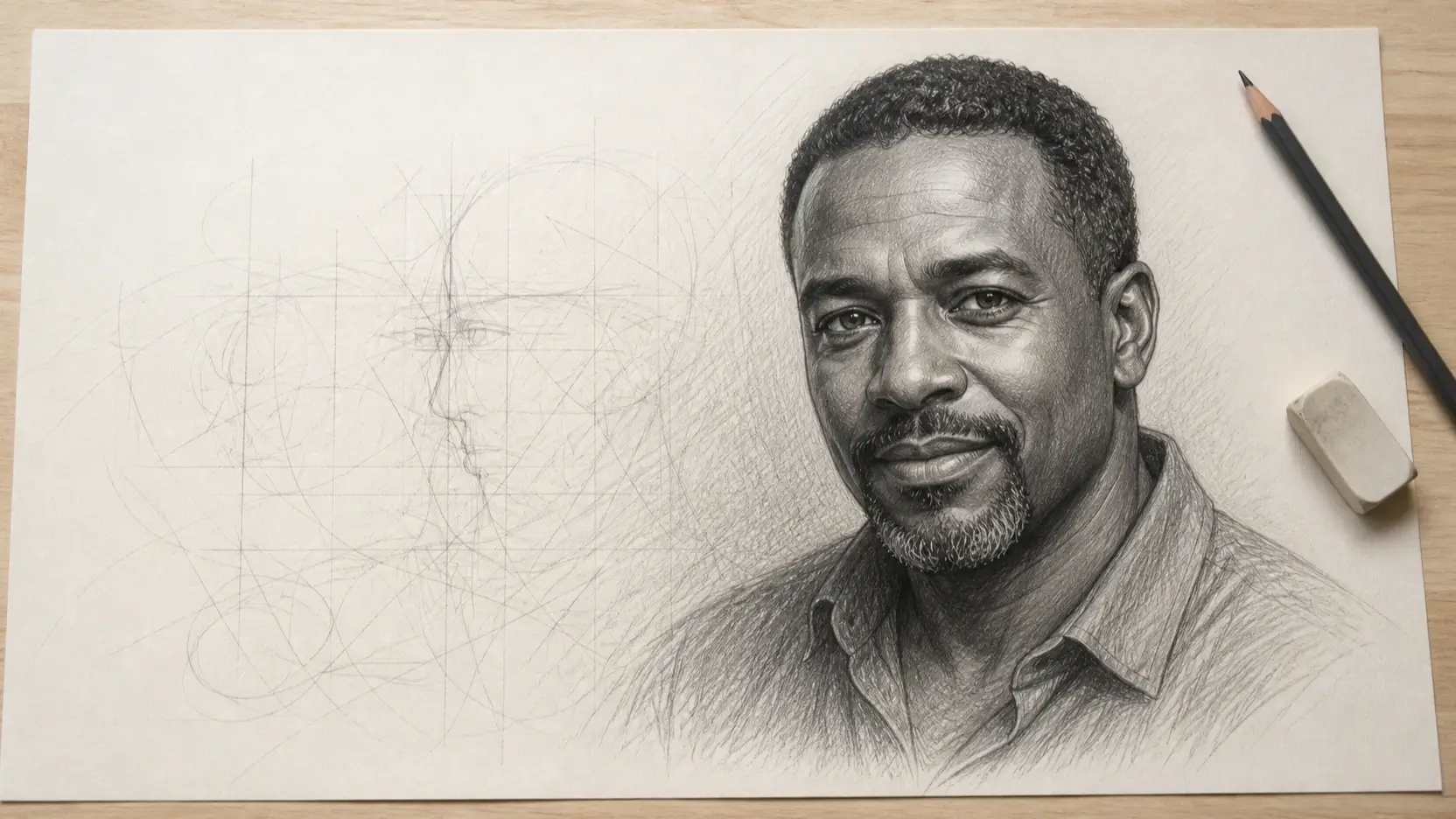 Original graphite portrait developing from construction lines on blank paper