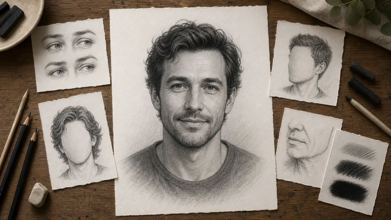 Graphite portrait surrounded by eye, hair, age, and drawing-medium studies