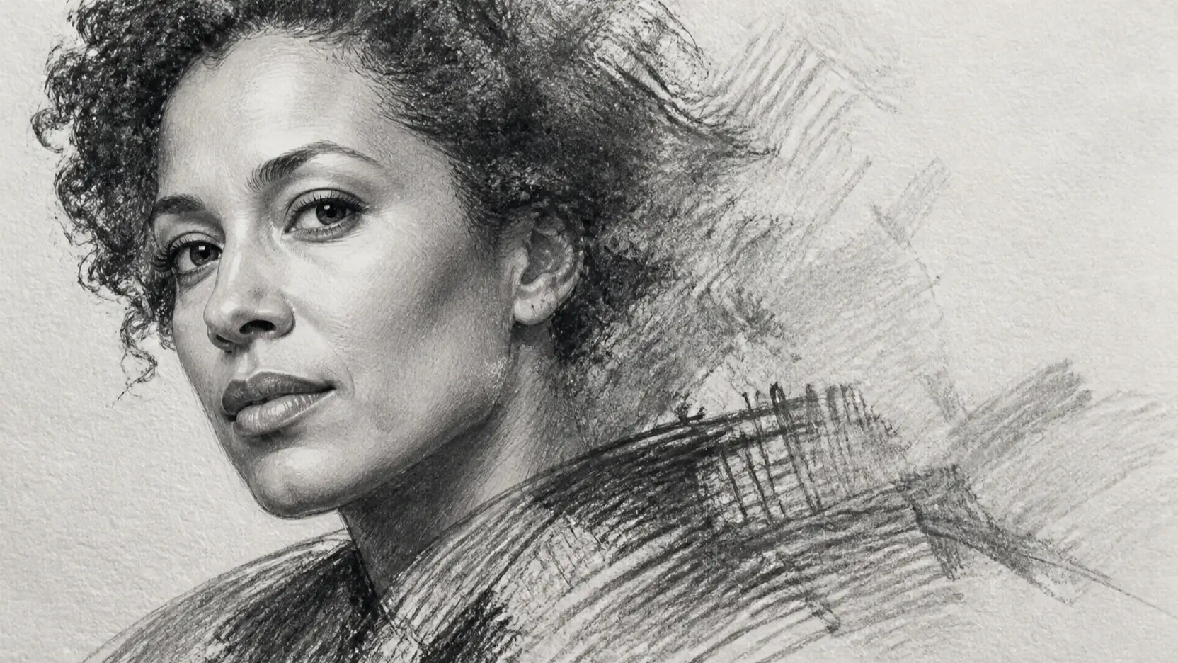Close graphite and charcoal portrait showing visible hatching and paper texture