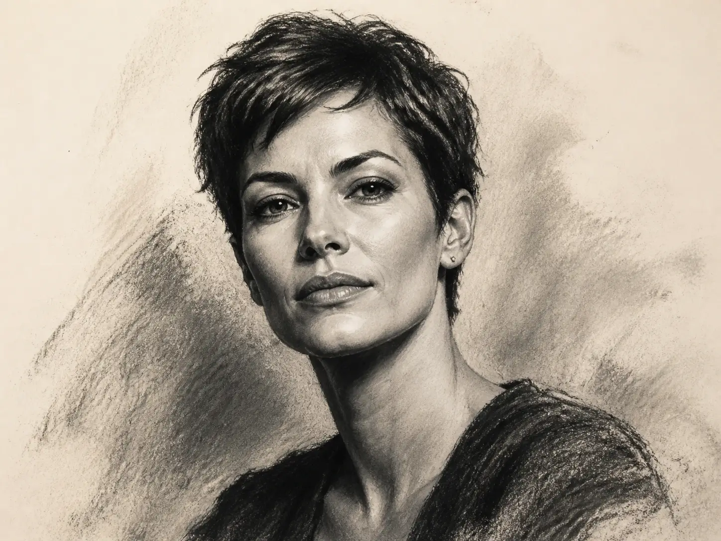 High-contrast charcoal portrait of a confident short-haired woman