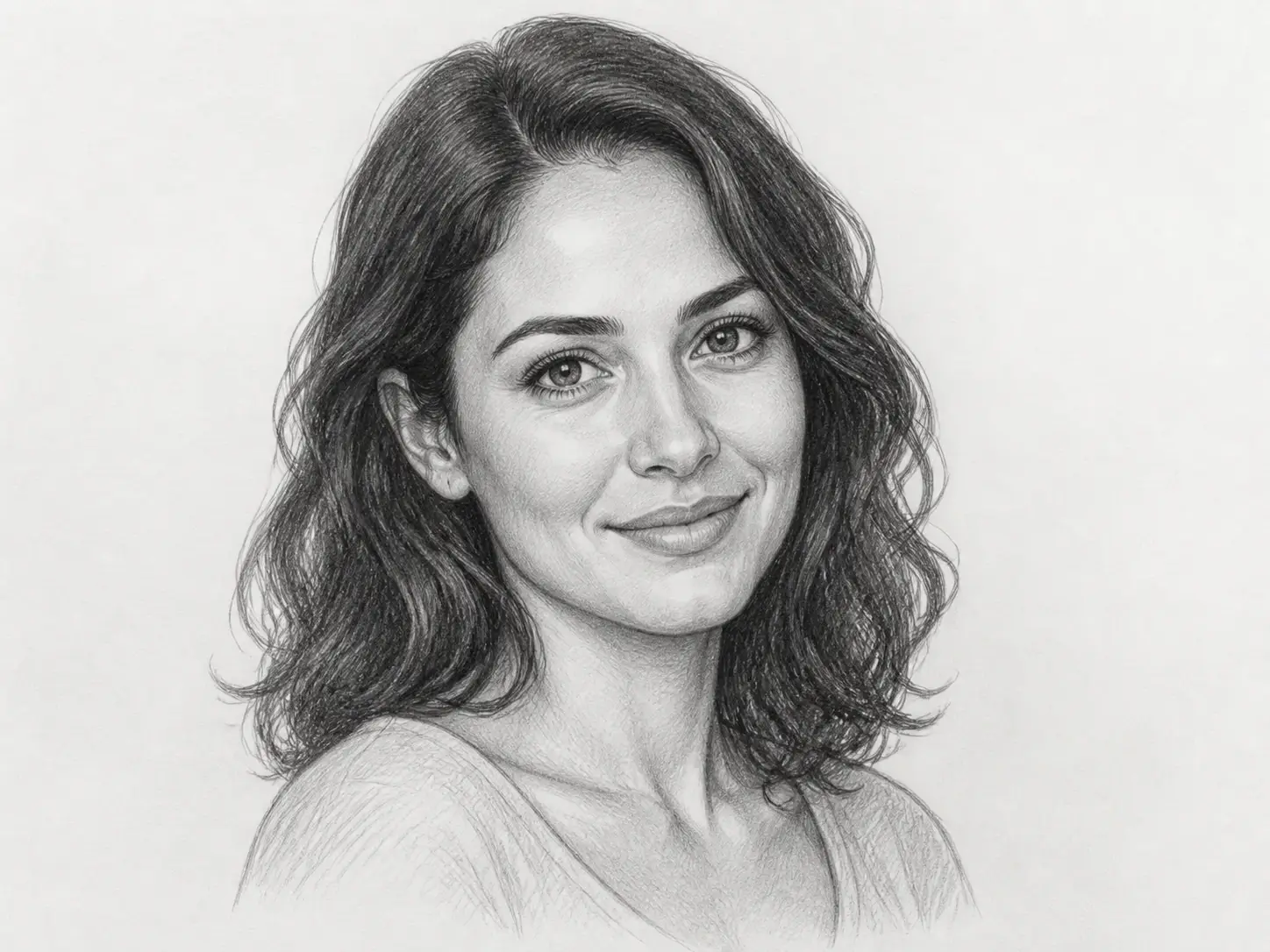 Classic graphite portrait of a smiling woman with wavy dark hair