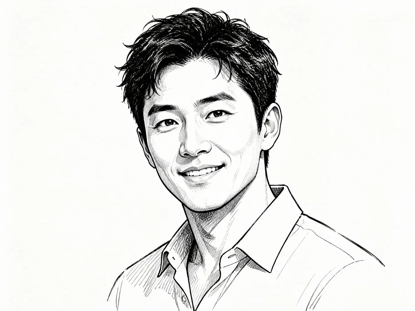 Black ink portrait of a smiling East Asian man in a collared shirt