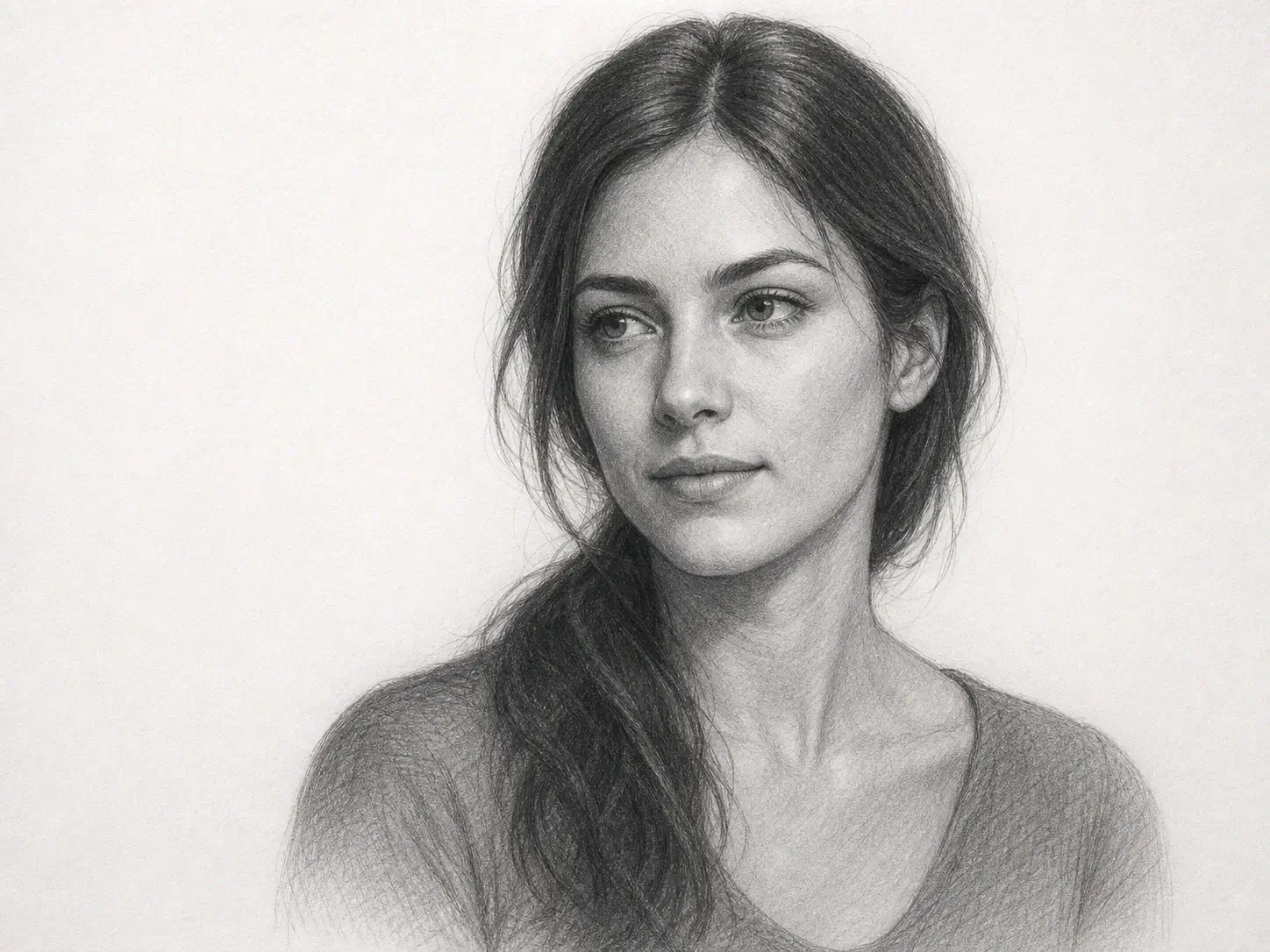Realistic graphite portrait of a woman with dark hair over one shoulder