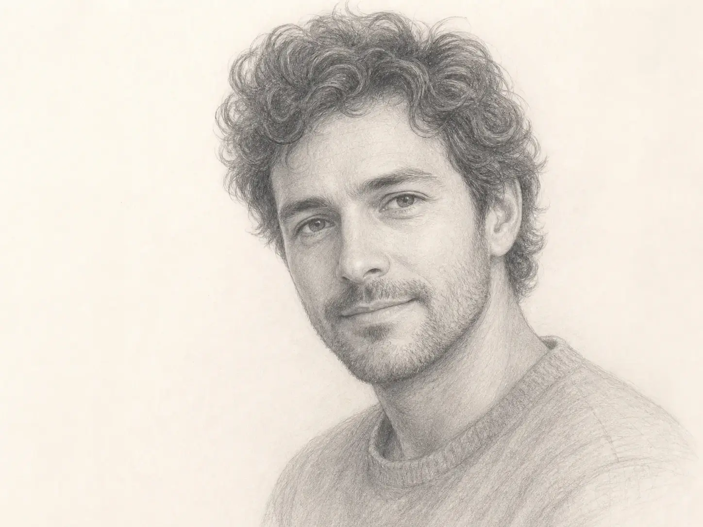 Soft pencil portrait of a thoughtful curly-haired man on warm white paper
