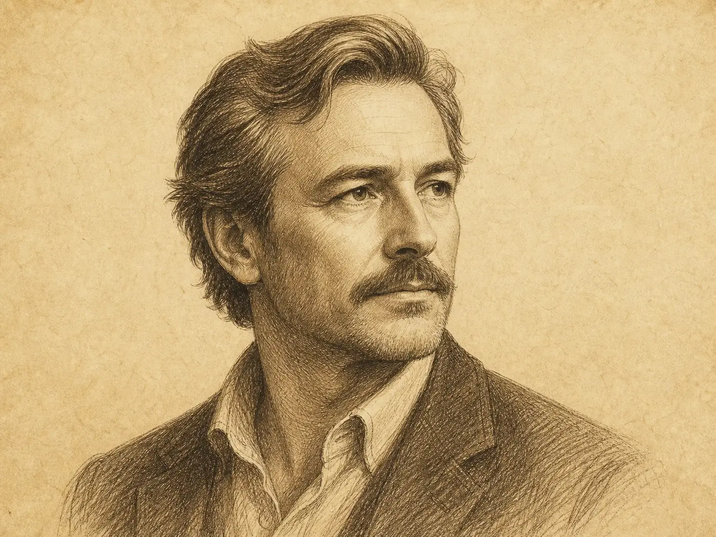 Vintage sepia cross-hatched portrait of a mustached man on aged paper