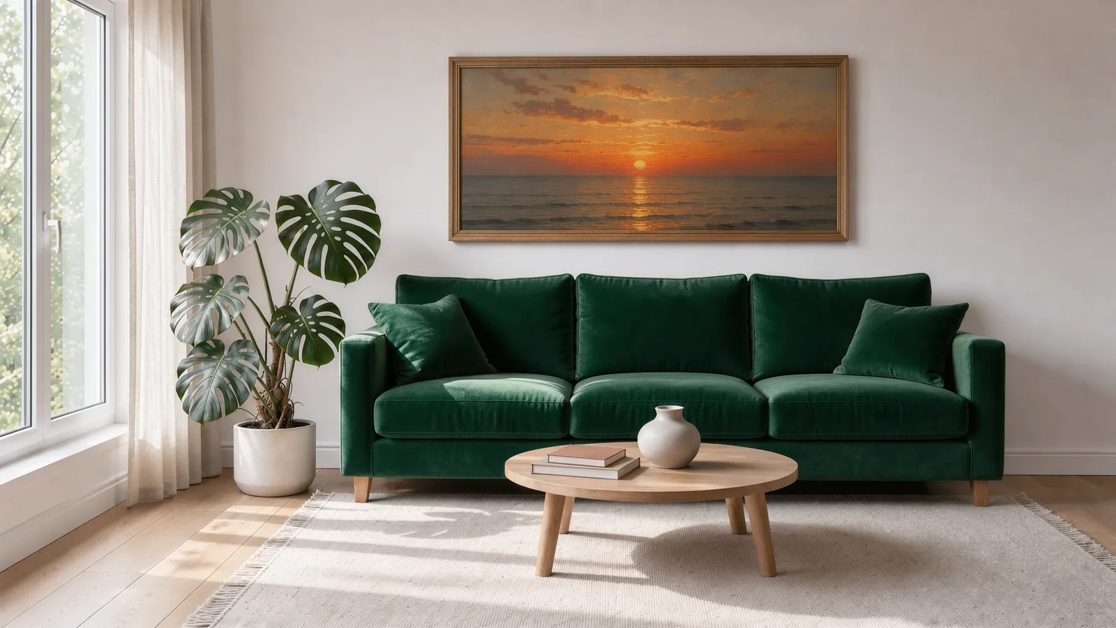 Living room where a light grey sofa becomes an emerald velvet sofa and an abstract print becomes a sunset painting: Edited