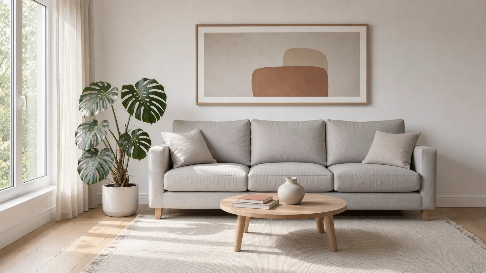 Living room where a light grey sofa becomes an emerald velvet sofa and an abstract print becomes a sunset painting: Original