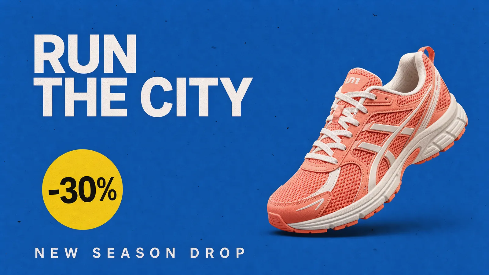 Sneaker ad on a cobalt blue background with the headline RUN THE CITY, a coral running shoe, a yellow -30% sticker, and the line NEW SEASON DROP
