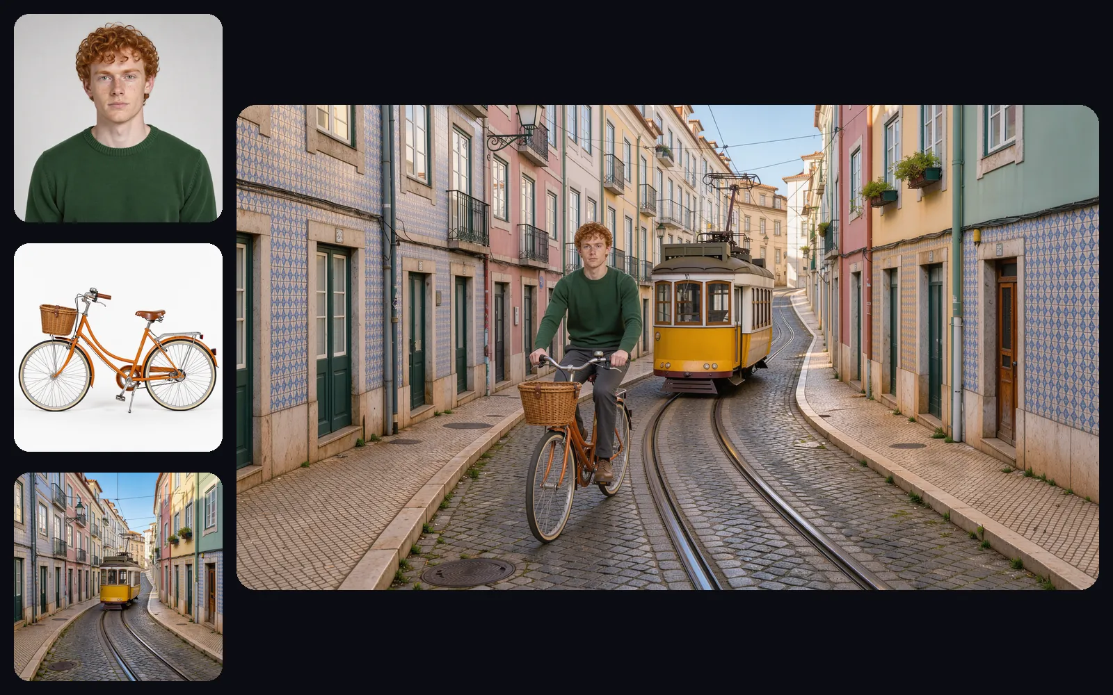 Three reference images of a red-haired man, an orange bicycle, and a Lisbon tram street, combined into one photo of him riding the bike down the street