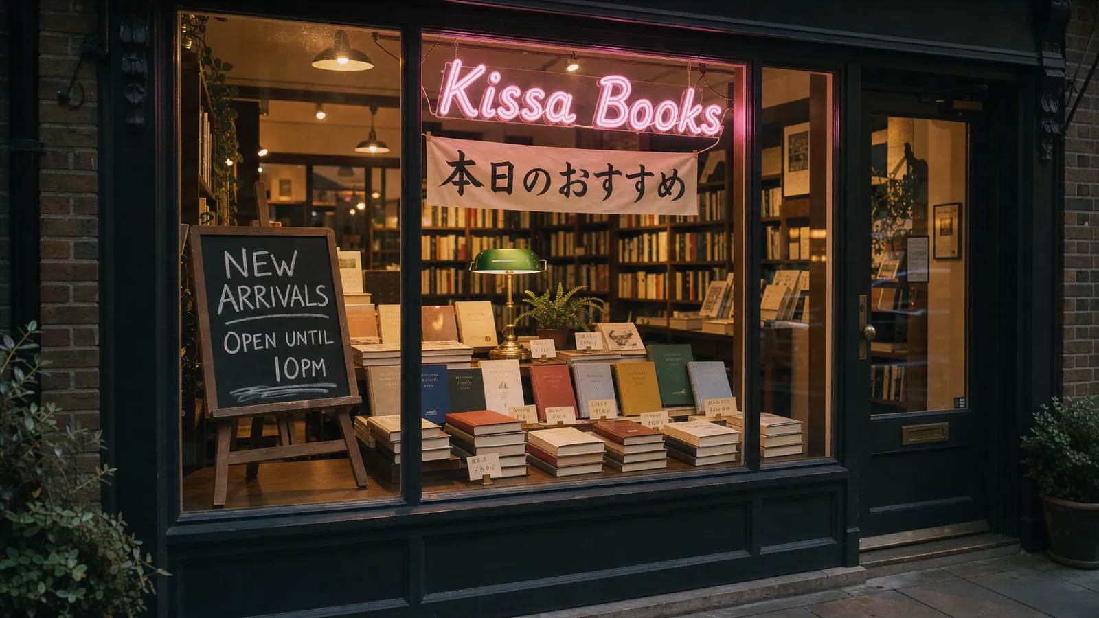 Bookstore window at night with a chalkboard reading NEW ARRIVALS, a pink neon sign reading Kissa Books, and a Japanese banner