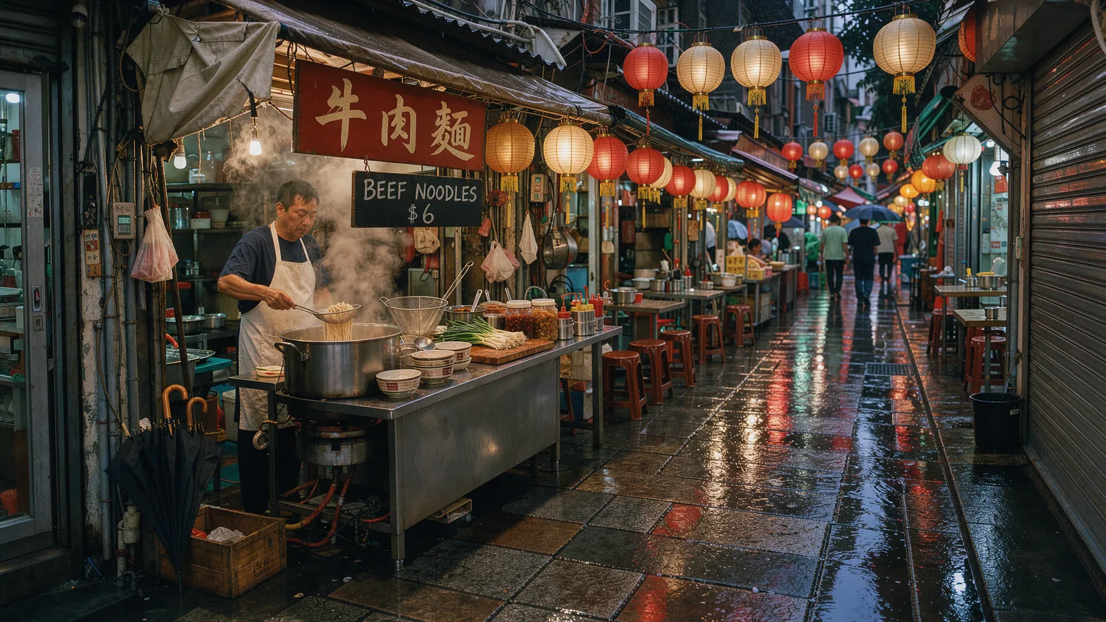 Night market with Chinese and English signs