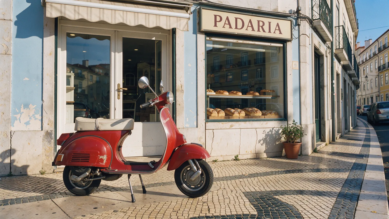 Red vintage scooter parked outside a pastel blue bakery in Lisbon with a shop sign reading PADARIA