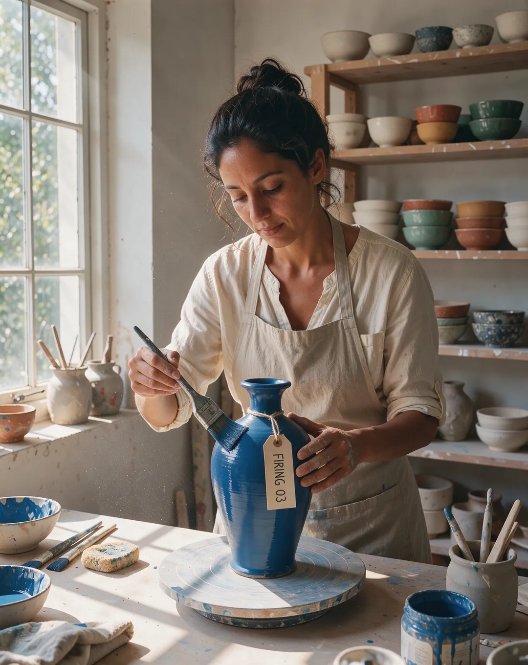 Ceramicist glazing a tall cobalt-blue vase in a sunlit pottery studio, a paper tag on the vase reads FIRING 03