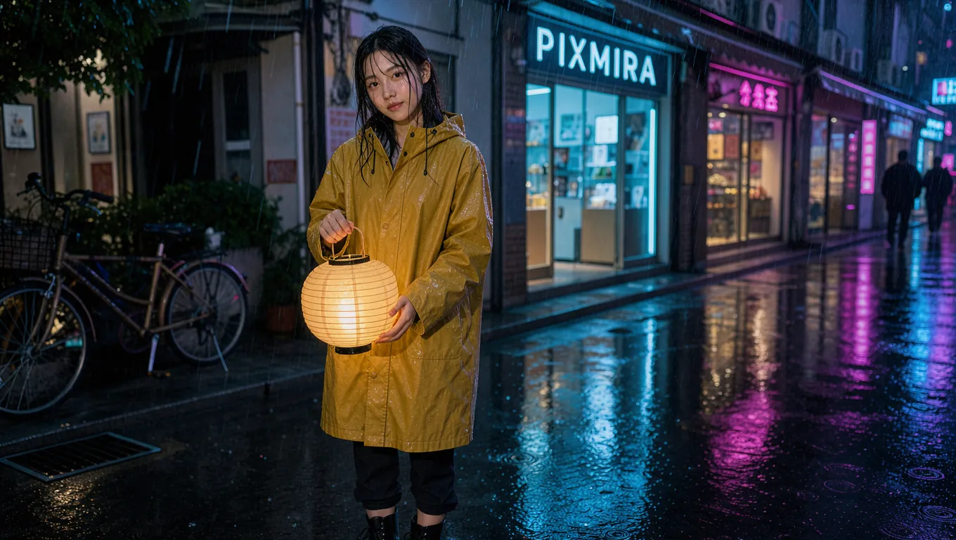 Woman in a yellow raincoat holding a glowing paper lantern on a rainy neon street