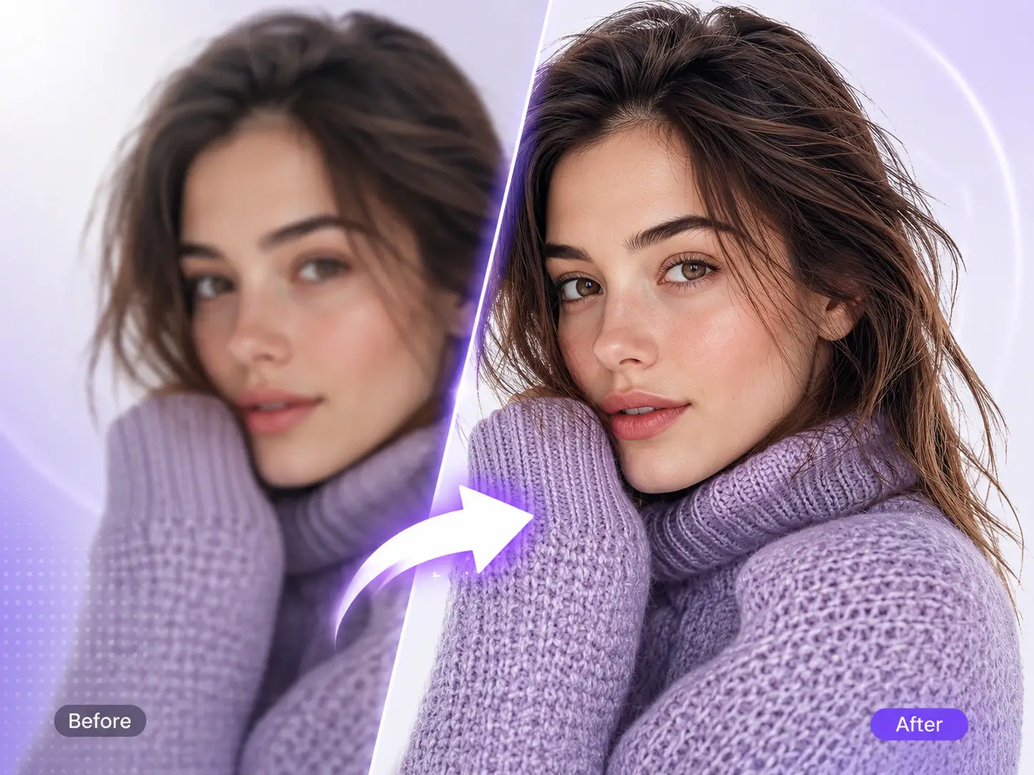 Portrait before and after upscaling, from blurred to sharply detailed
