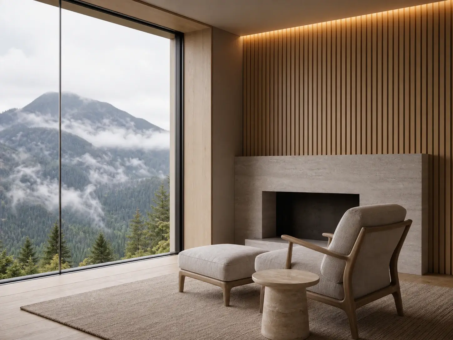 Upscaled interior render with clearer materials and architectural geometry