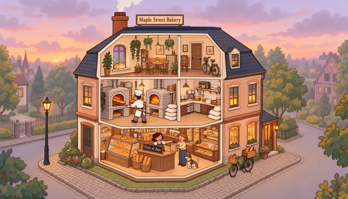 Isometric cutaway of a three-story corner bakery with a shop, a kitchen with stone ovens, and an apartment with a cat