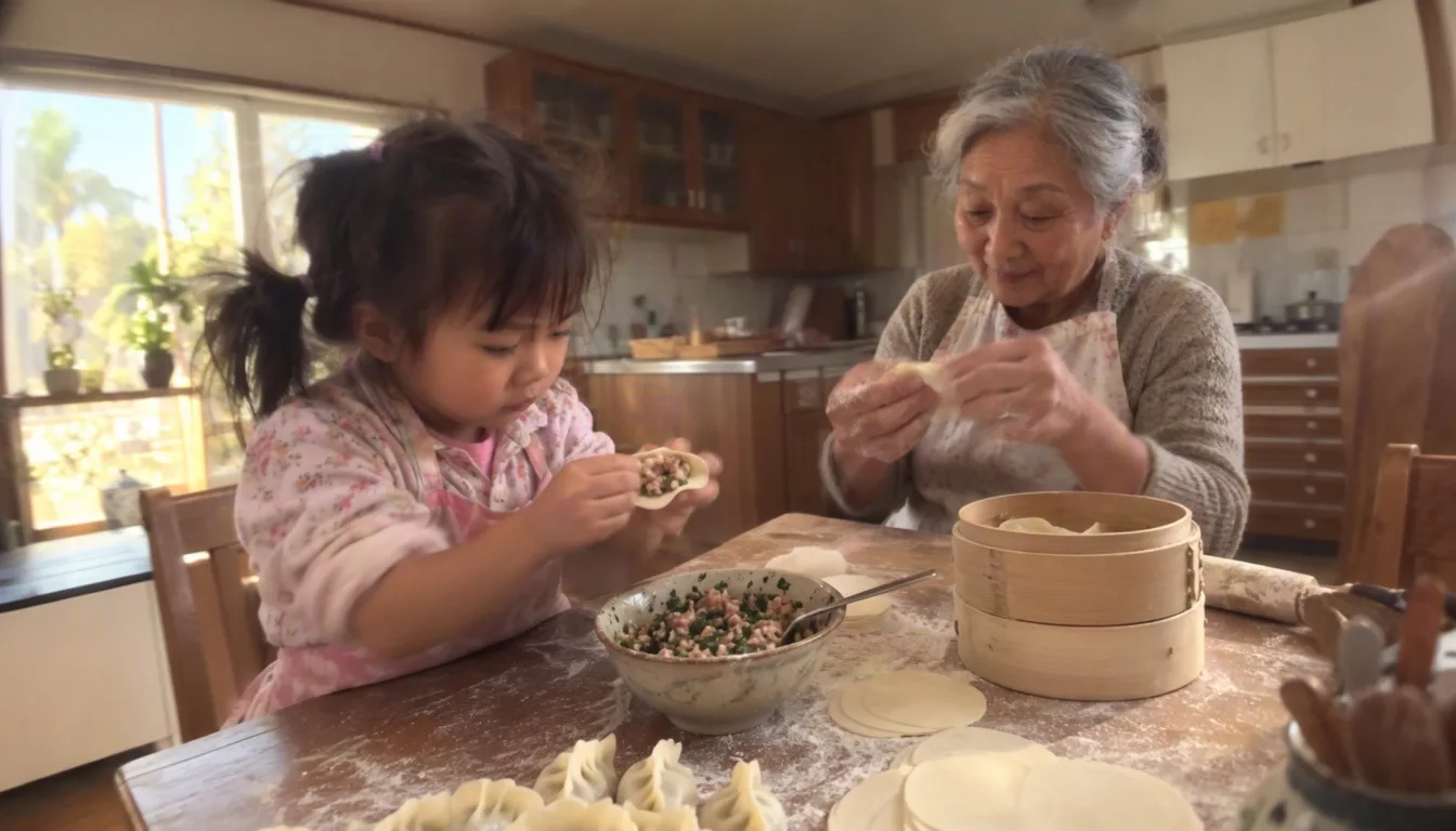 Grandmother and granddaughter folding dumplings at a floury kitchen table in afternoon window light