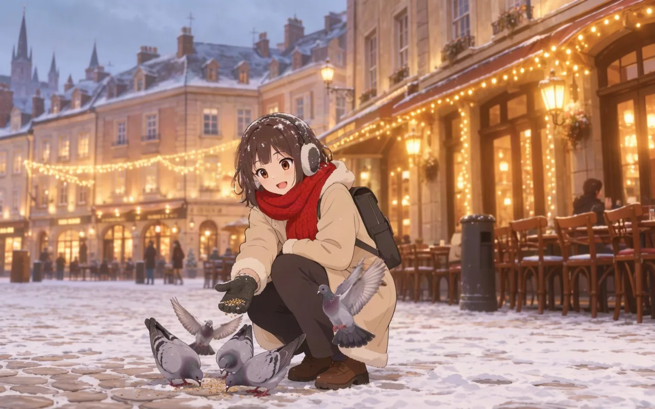Woman in a red scarf feeding pigeons in a snowy town square: Anime
