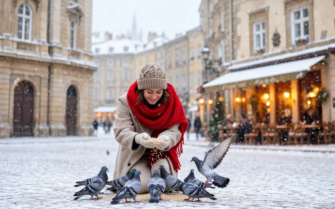 Woman in a red scarf feeding pigeons in a snowy town square: Photo