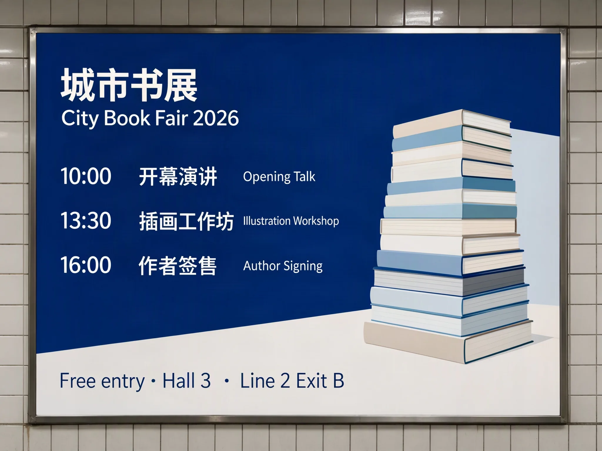 Subway poster for a city book fair with a Chinese and English title and a three-row schedule