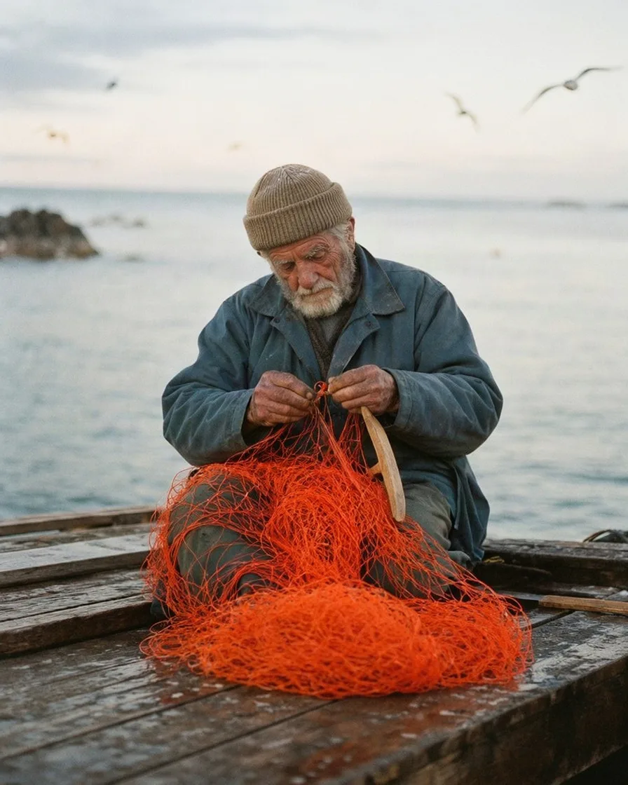 Elderly fisherman in a wool cap mending a bright orange net on a wooden pier at dawn, gulls over the sea