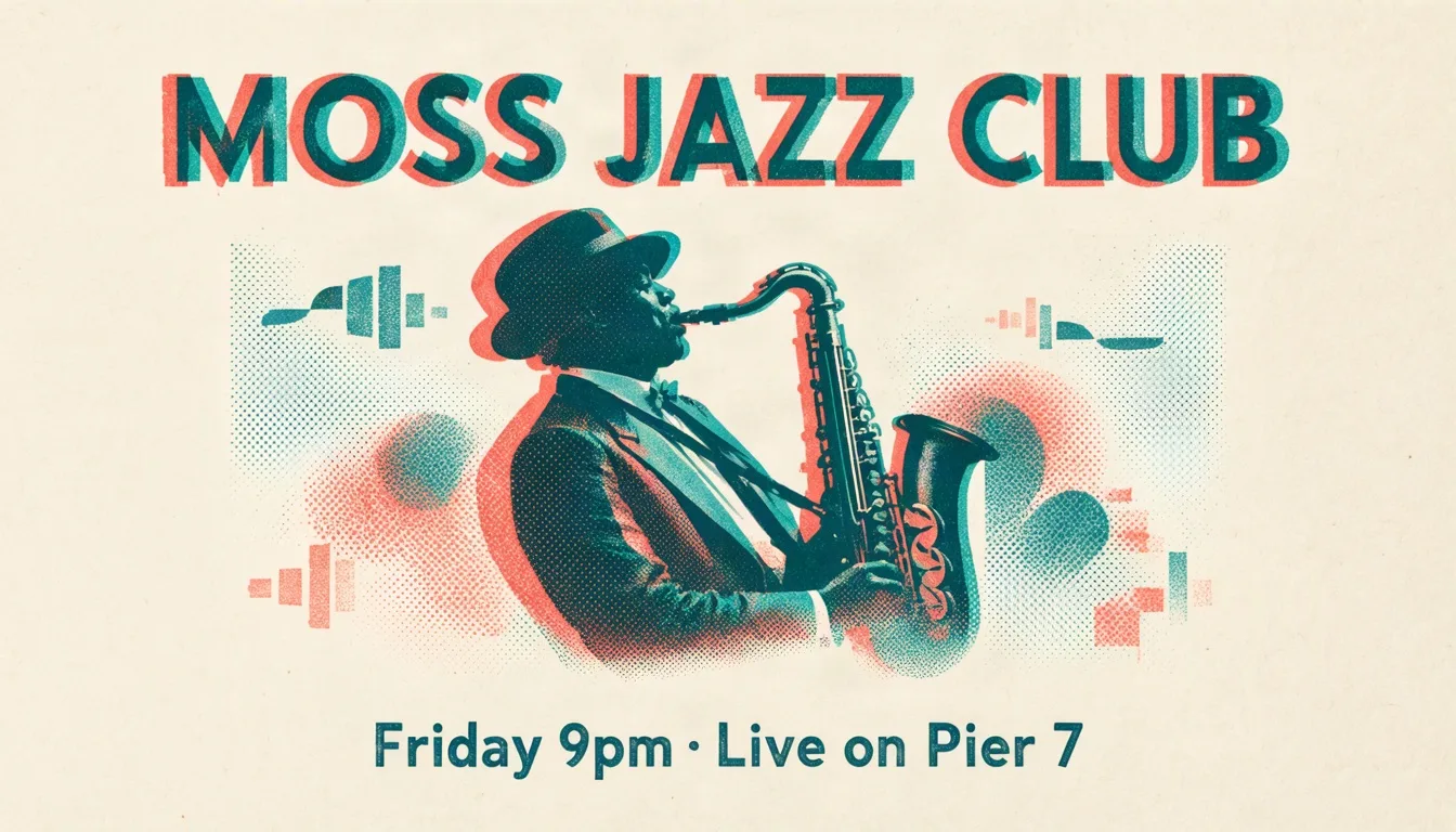 Risograph jazz club poster with the title MOSS JAZZ CLUB and a saxophone player