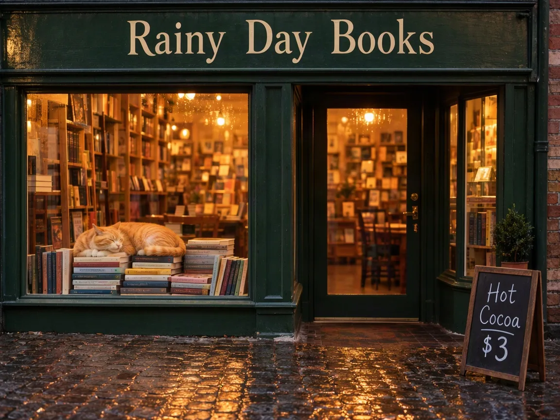 Bookstore front built from a JSON layout: sign across the top, window with a cat on the left, door in the middle, chalkboard on the right