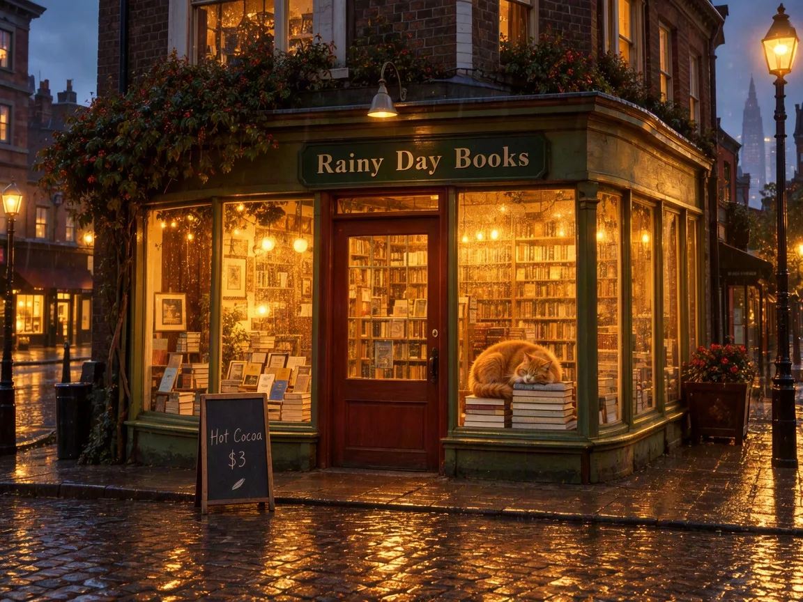 Corner bookstore café on a rainy evening with a sign reading Rainy Day Books and a chalkboard reading Hot Cocoa $3
