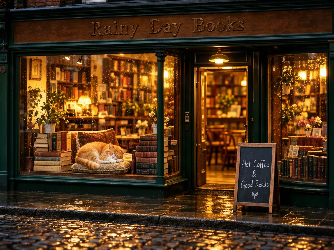 Bookstore front with a sleeping ginger cat in the window and a chalkboard reading Hot Coffee and Good Reads