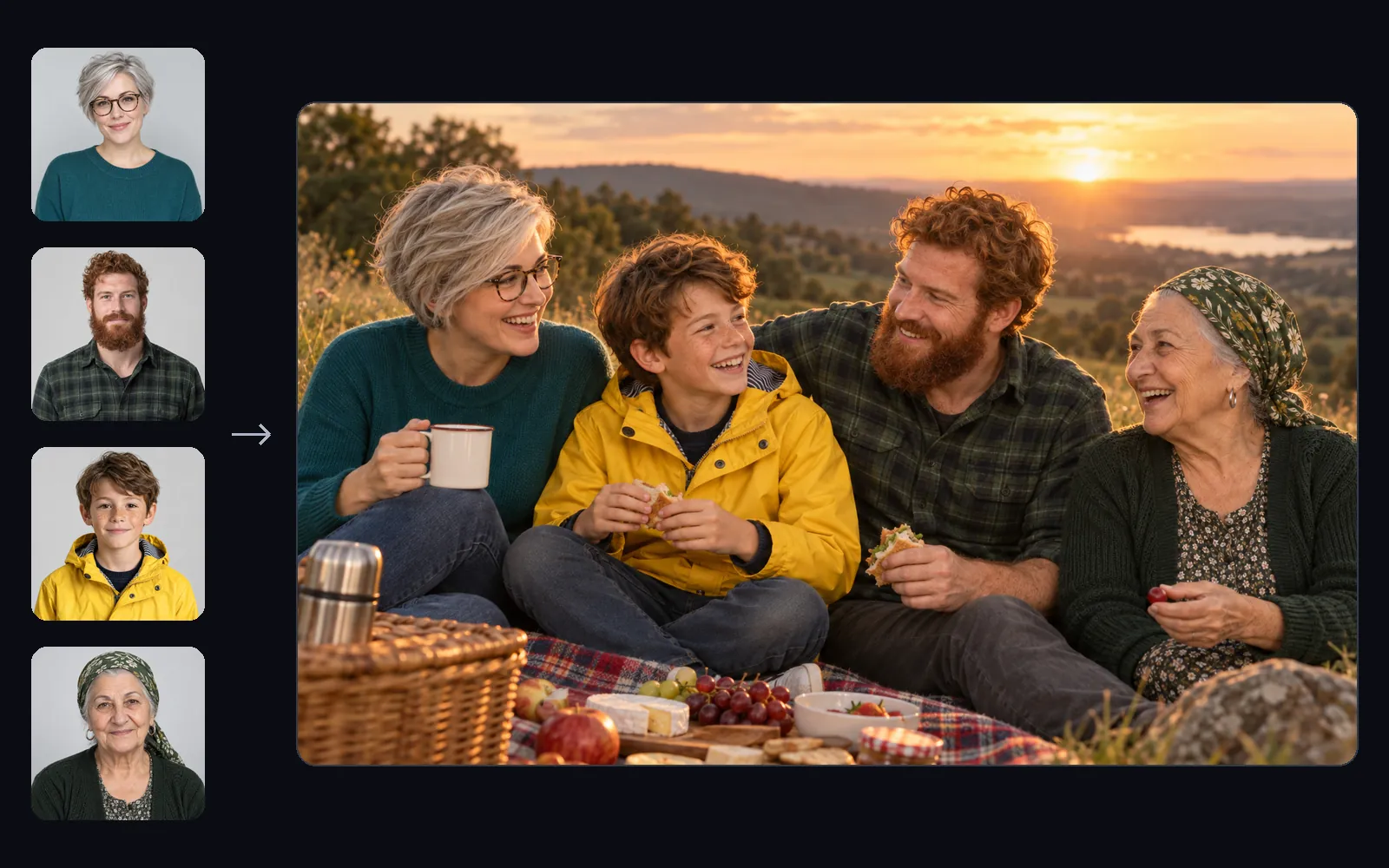 Four reference portraits next to a generated photo of the same four people sharing a picnic at sunset
